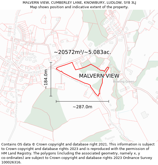 MALVERN VIEW, CUMBERLEY LANE, KNOWBURY, LUDLOW, SY8 3LJ: Plot and title map