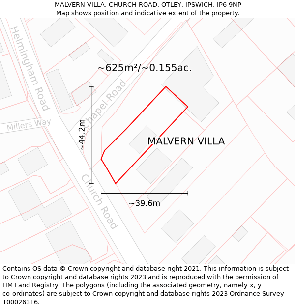 MALVERN VILLA, CHURCH ROAD, OTLEY, IPSWICH, IP6 9NP: Plot and title map