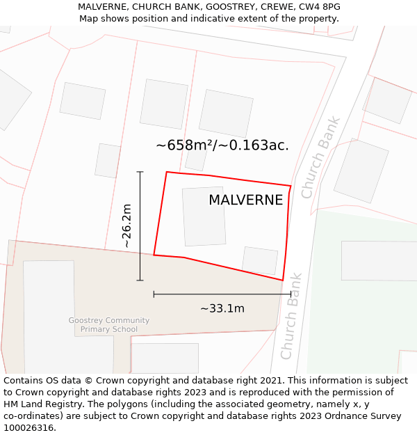 MALVERNE, CHURCH BANK, GOOSTREY, CREWE, CW4 8PG: Plot and title map
