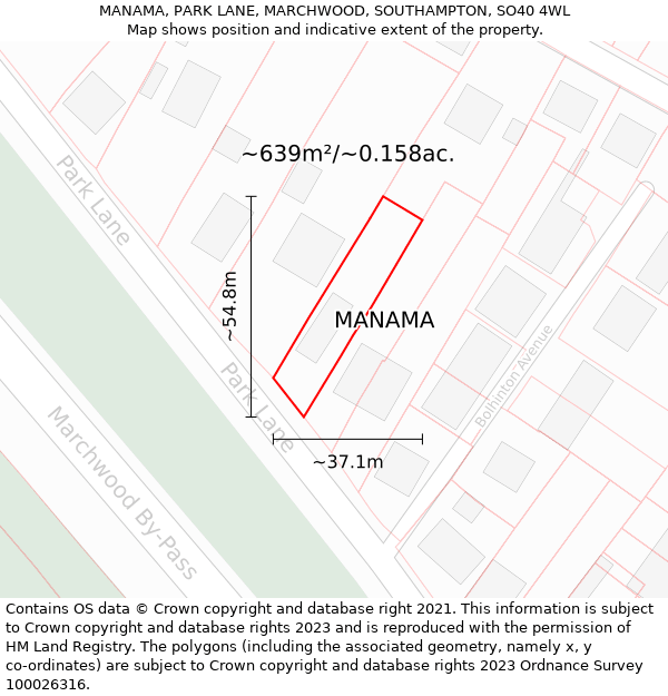 MANAMA, PARK LANE, MARCHWOOD, SOUTHAMPTON, SO40 4WL: Plot and title map