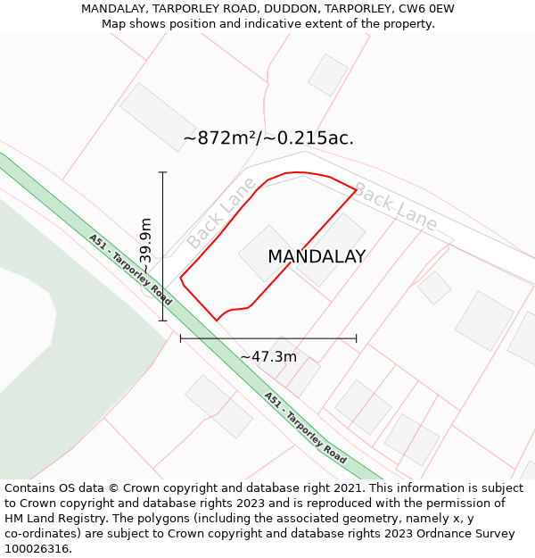 MANDALAY, TARPORLEY ROAD, DUDDON, TARPORLEY, CW6 0EW: Plot and title map