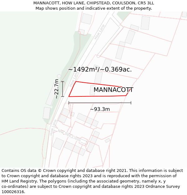 MANNACOTT, HOW LANE, CHIPSTEAD, COULSDON, CR5 3LL: Plot and title map