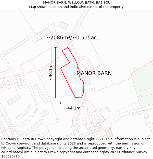 MANOR BARN, WELLOW, BATH, BA2 8QU: Plot and title map