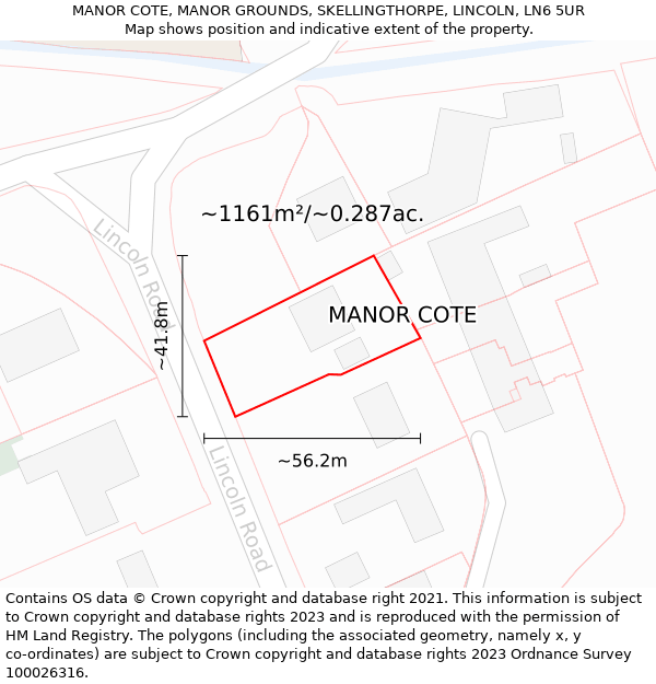 MANOR COTE, MANOR GROUNDS, SKELLINGTHORPE, LINCOLN, LN6 5UR: Plot and title map