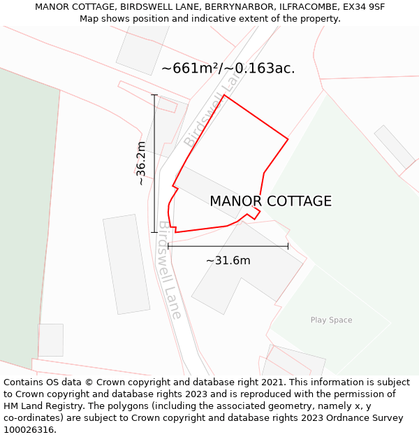 MANOR COTTAGE, BIRDSWELL LANE, BERRYNARBOR, ILFRACOMBE, EX34 9SF: Plot and title map