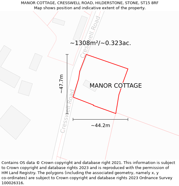 MANOR COTTAGE, CRESSWELL ROAD, HILDERSTONE, STONE, ST15 8RF: Plot and title map