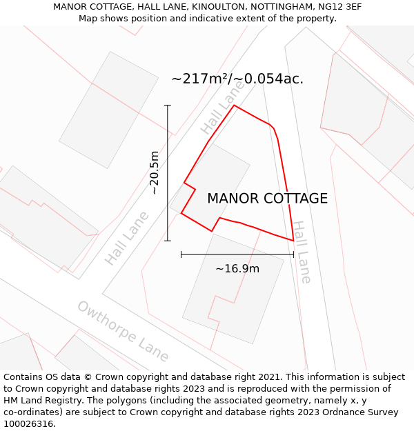 MANOR COTTAGE, HALL LANE, KINOULTON, NOTTINGHAM, NG12 3EF: Plot and title map