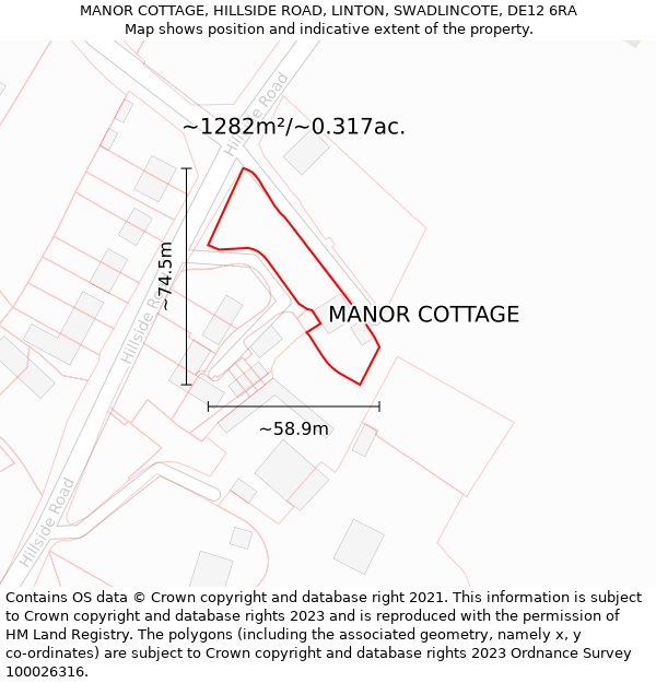 MANOR COTTAGE, HILLSIDE ROAD, LINTON, SWADLINCOTE, DE12 6RA: Plot and title map