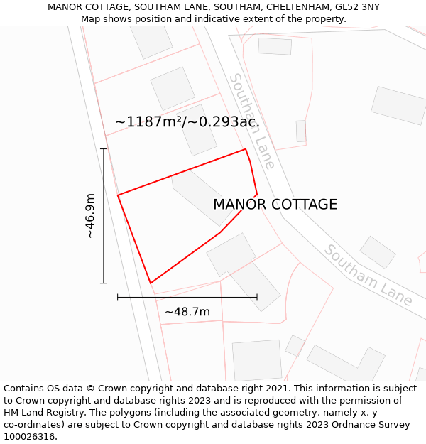 MANOR COTTAGE, SOUTHAM LANE, SOUTHAM, CHELTENHAM, GL52 3NY: Plot and title map