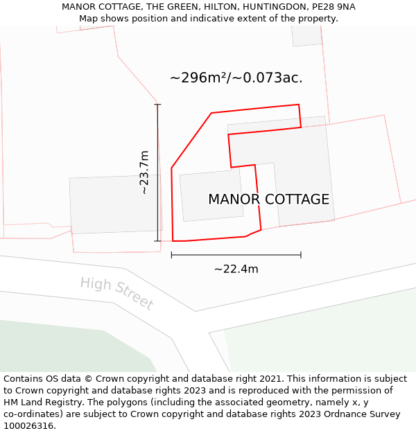 MANOR COTTAGE, THE GREEN, HILTON, HUNTINGDON, PE28 9NA: Plot and title map