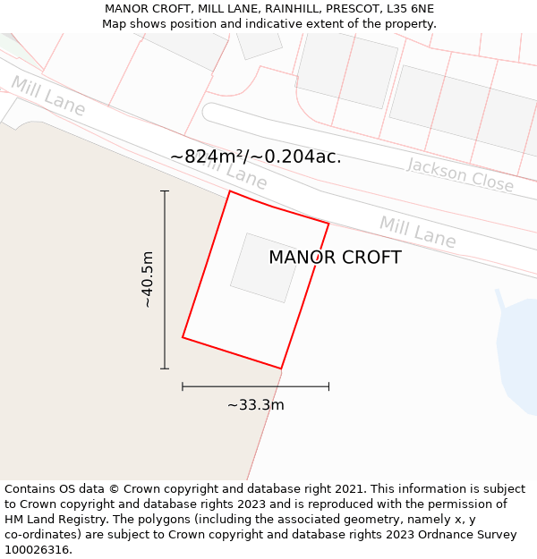 MANOR CROFT, MILL LANE, RAINHILL, PRESCOT, L35 6NE: Plot and title map