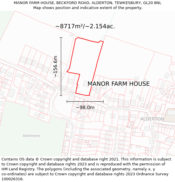 MANOR FARM HOUSE, BECKFORD ROAD, ALDERTON, TEWKESBURY, GL20 8NL: Plot and title map