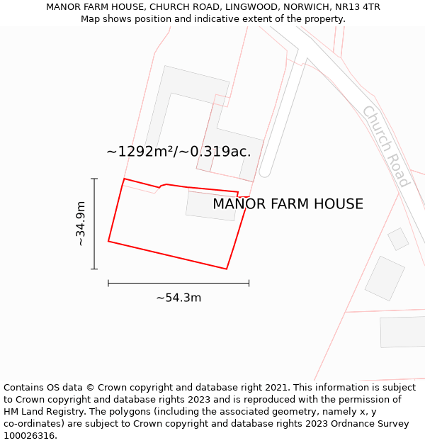 MANOR FARM HOUSE, CHURCH ROAD, LINGWOOD, NORWICH, NR13 4TR: Plot and title map