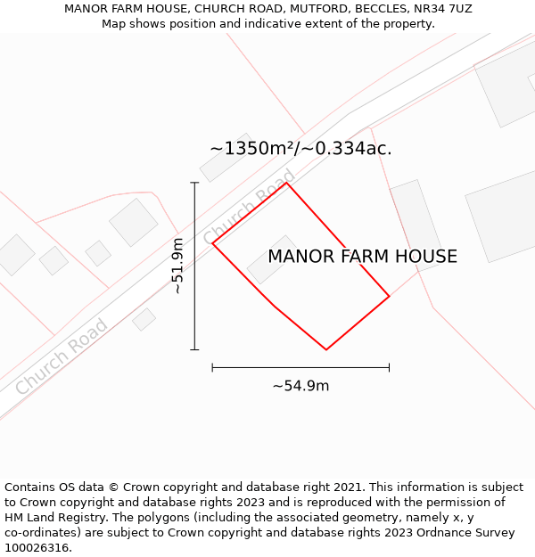MANOR FARM HOUSE, CHURCH ROAD, MUTFORD, BECCLES, NR34 7UZ: Plot and title map