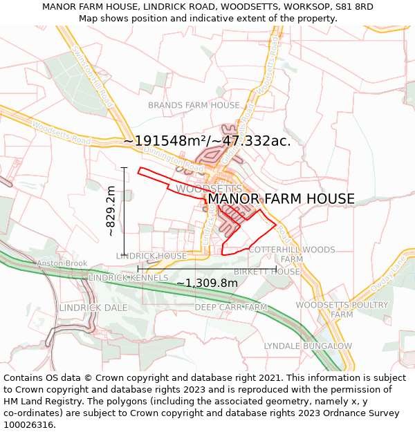 MANOR FARM HOUSE, LINDRICK ROAD, WOODSETTS, WORKSOP, S81 8RD: Plot and title map