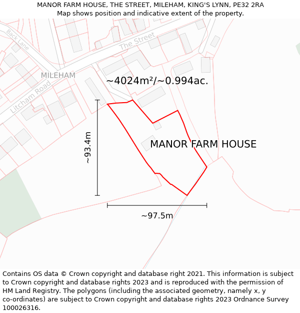 MANOR FARM HOUSE, THE STREET, MILEHAM, KING'S LYNN, PE32 2RA: Plot and title map