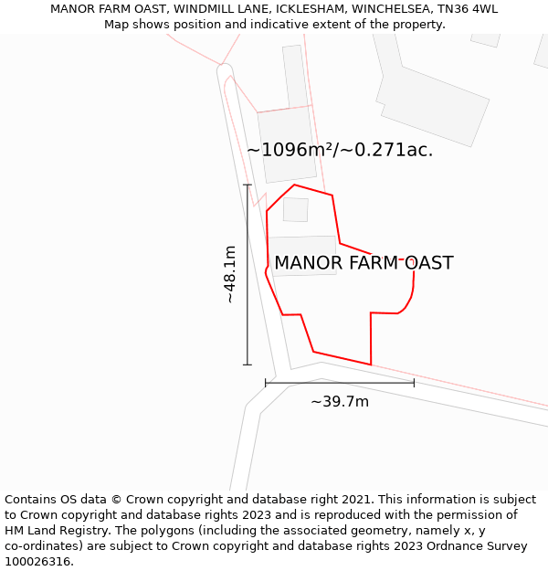 MANOR FARM OAST, WINDMILL LANE, ICKLESHAM, WINCHELSEA, TN36 4WL: Plot and title map