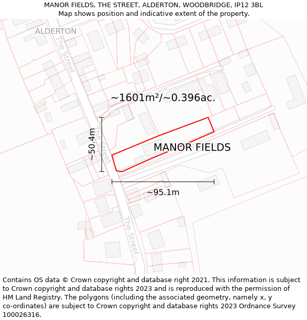 MANOR FIELDS, THE STREET, ALDERTON, WOODBRIDGE, IP12 3BL: Plot and title map