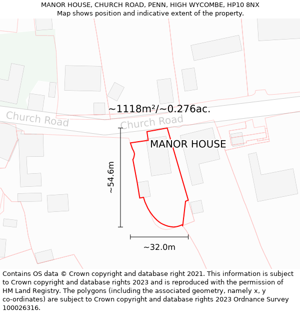 MANOR HOUSE, CHURCH ROAD, PENN, HIGH WYCOMBE, HP10 8NX: Plot and title map