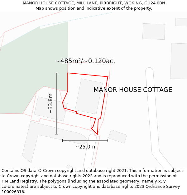 MANOR HOUSE COTTAGE, MILL LANE, PIRBRIGHT, WOKING, GU24 0BN: Plot and title map