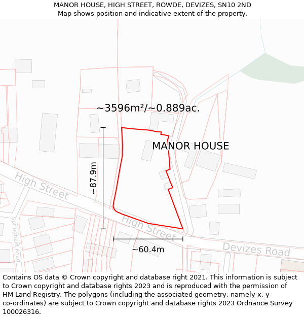 MANOR HOUSE, HIGH STREET, ROWDE, DEVIZES, SN10 2ND: Plot and title map