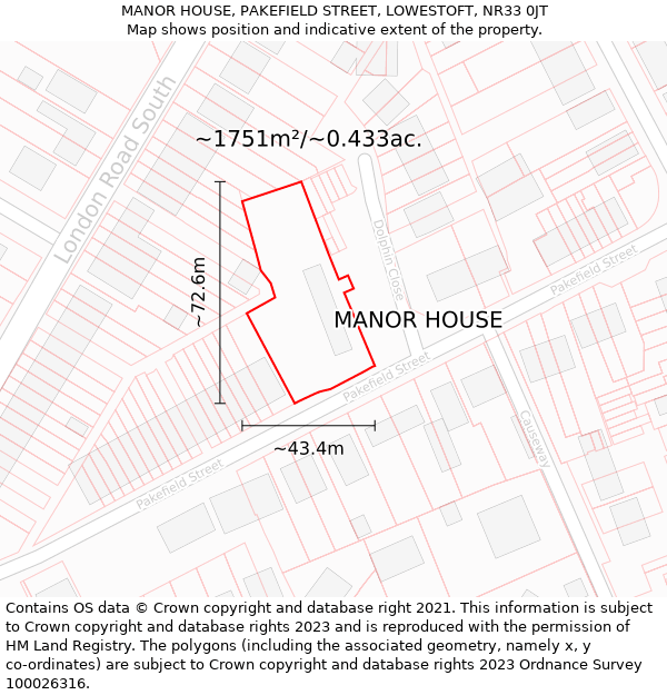 MANOR HOUSE, PAKEFIELD STREET, LOWESTOFT, NR33 0JT: Plot and title map