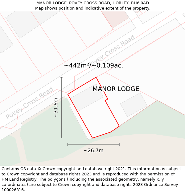 MANOR LODGE, POVEY CROSS ROAD, HORLEY, RH6 0AD: Plot and title map