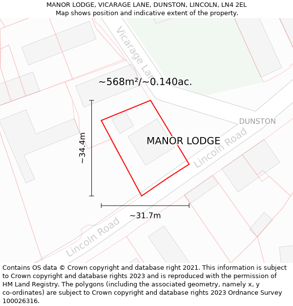 MANOR LODGE, VICARAGE LANE, DUNSTON, LINCOLN, LN4 2EL: Plot and title map