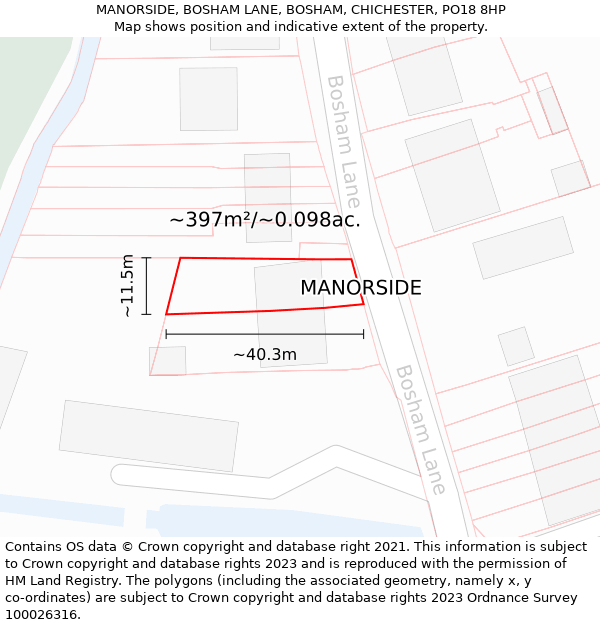 MANORSIDE, BOSHAM LANE, BOSHAM, CHICHESTER, PO18 8HP: Plot and title map