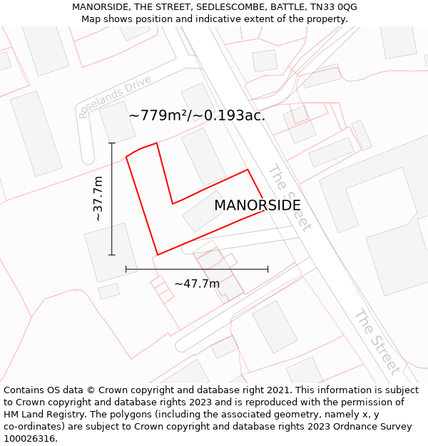 MANORSIDE, THE STREET, SEDLESCOMBE, BATTLE, TN33 0QG: Plot and title map