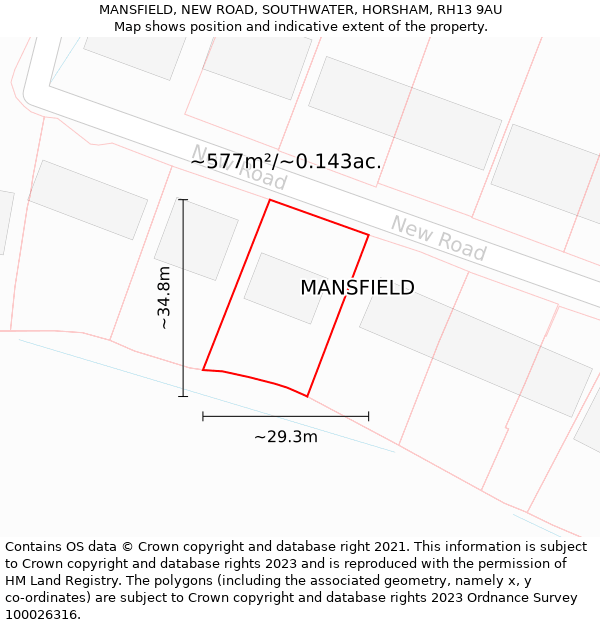 MANSFIELD, NEW ROAD, SOUTHWATER, HORSHAM, RH13 9AU: Plot and title map