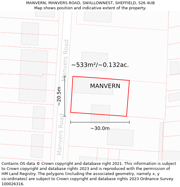 MANVERN, MANVERS ROAD, SWALLOWNEST, SHEFFIELD, S26 4UB: Plot and title map