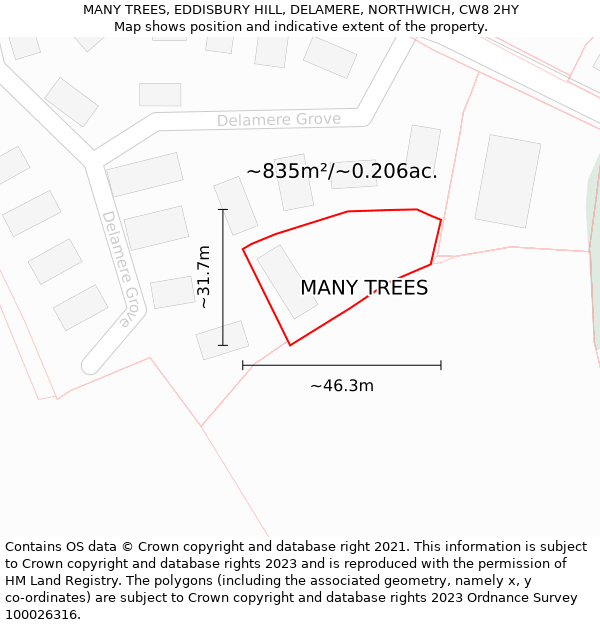 MANY TREES, EDDISBURY HILL, DELAMERE, NORTHWICH, CW8 2HY: Plot and title map