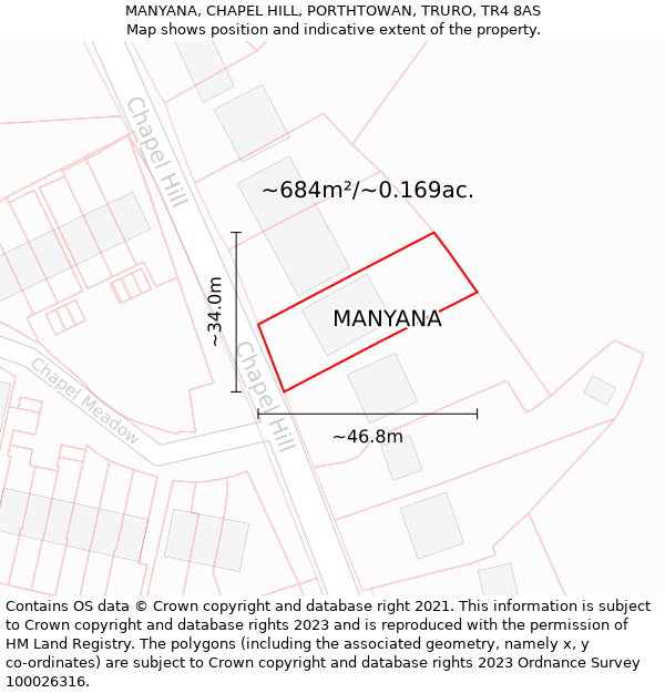 MANYANA, CHAPEL HILL, PORTHTOWAN, TRURO, TR4 8AS: Plot and title map