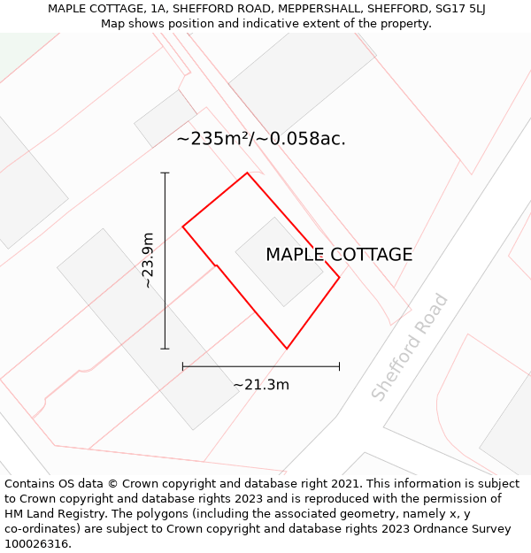 MAPLE COTTAGE, 1A, SHEFFORD ROAD, MEPPERSHALL, SHEFFORD, SG17 5LJ: Plot and title map