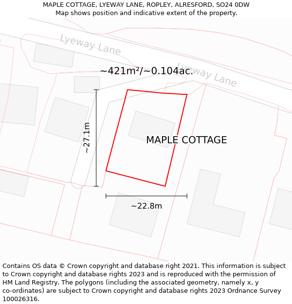 MAPLE COTTAGE, LYEWAY LANE, ROPLEY, ALRESFORD, SO24 0DW: Plot and title map