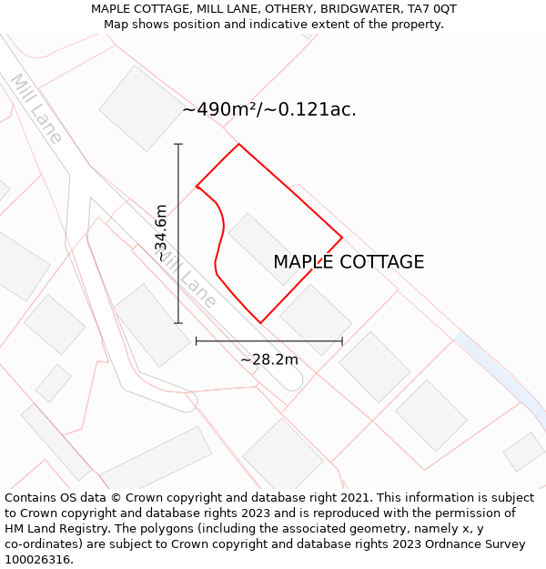 MAPLE COTTAGE, MILL LANE, OTHERY, BRIDGWATER, TA7 0QT: Plot and title map