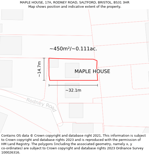 MAPLE HOUSE, 17A, RODNEY ROAD, SALTFORD, BRISTOL, BS31 3HR: Plot and title map