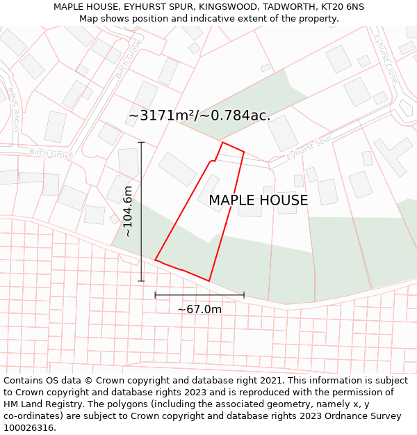 MAPLE HOUSE, EYHURST SPUR, KINGSWOOD, TADWORTH, KT20 6NS: Plot and title map