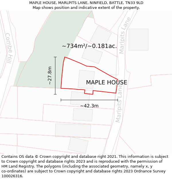 MAPLE HOUSE, MARLPITS LANE, NINFIELD, BATTLE, TN33 9LD: Plot and title map