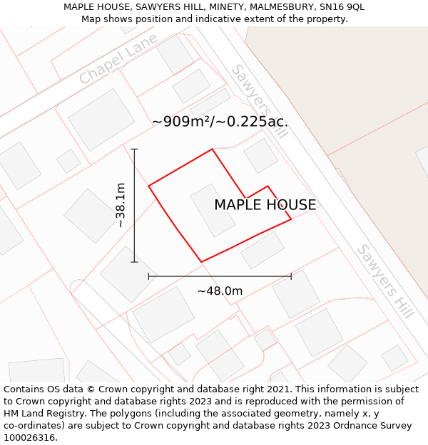 MAPLE HOUSE, SAWYERS HILL, MINETY, MALMESBURY, SN16 9QL: Plot and title map