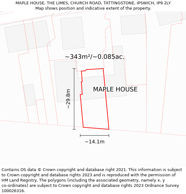MAPLE HOUSE, THE LIMES, CHURCH ROAD, TATTINGSTONE, IPSWICH, IP9 2LY: Plot and title map