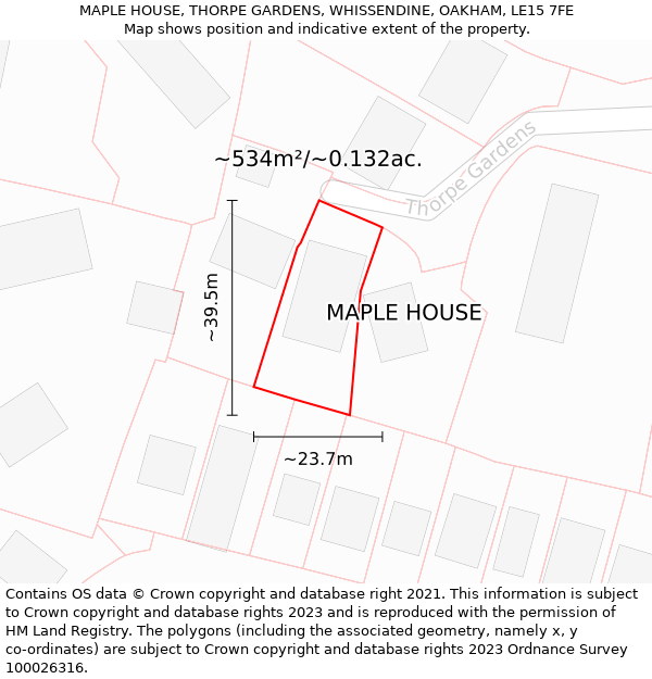 MAPLE HOUSE, THORPE GARDENS, WHISSENDINE, OAKHAM, LE15 7FE: Plot and title map
