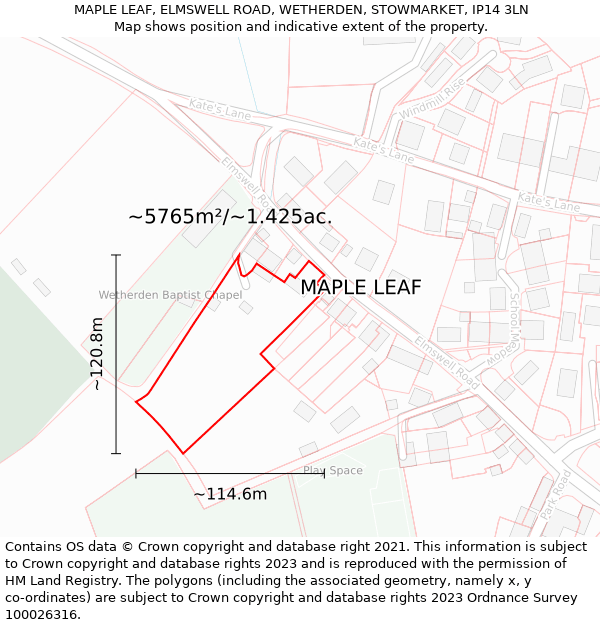 MAPLE LEAF, ELMSWELL ROAD, WETHERDEN, STOWMARKET, IP14 3LN: Plot and title map