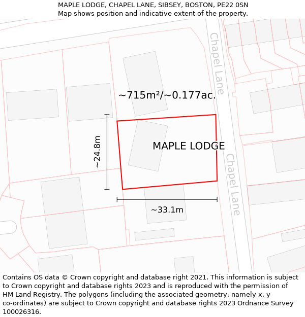 MAPLE LODGE, CHAPEL LANE, SIBSEY, BOSTON, PE22 0SN: Plot and title map