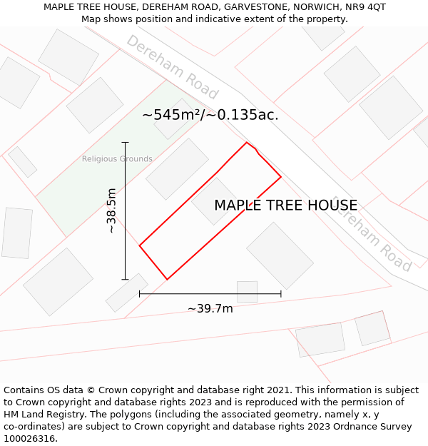 MAPLE TREE HOUSE, DEREHAM ROAD, GARVESTONE, NORWICH, NR9 4QT: Plot and title map