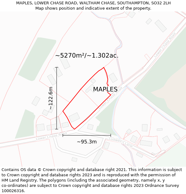 MAPLES, LOWER CHASE ROAD, WALTHAM CHASE, SOUTHAMPTON, SO32 2LH: Plot and title map