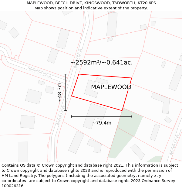 MAPLEWOOD, BEECH DRIVE, KINGSWOOD, TADWORTH, KT20 6PS: Plot and title map