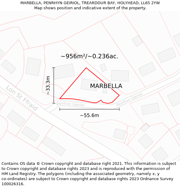 MARBELLA, PENRHYN GEIRIOL, TREARDDUR BAY, HOLYHEAD, LL65 2YW: Plot and title map