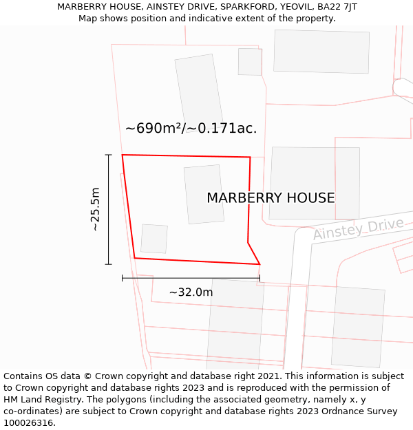 MARBERRY HOUSE, AINSTEY DRIVE, SPARKFORD, YEOVIL, BA22 7JT: Plot and title map